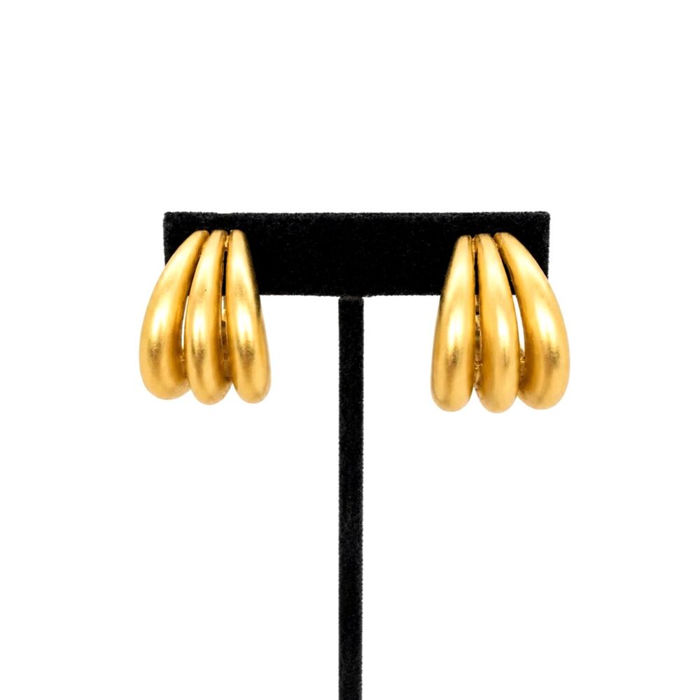 ERWIN PEARL EARRINGS Vintage Gold Tone Triple Hoop Clip On Brushed Chunky